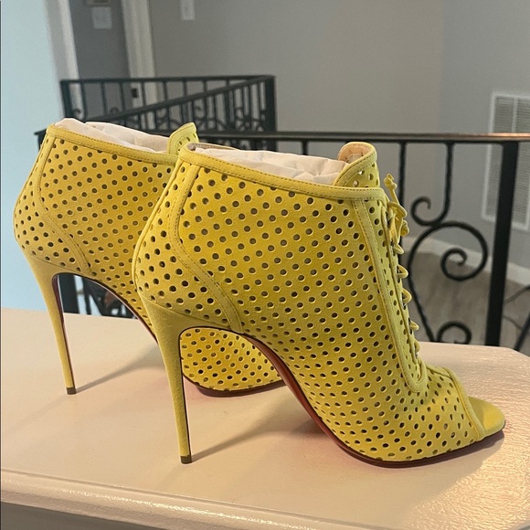 Christian Louboutin Yellow Perforated Lace-Up Peep-Toe Stiletto Booties - Picture 4 of 8